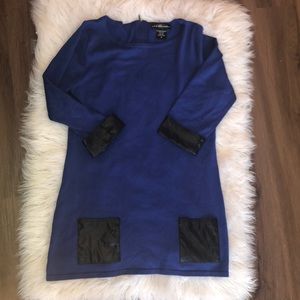 Long Blue Sweater with Leather Trim